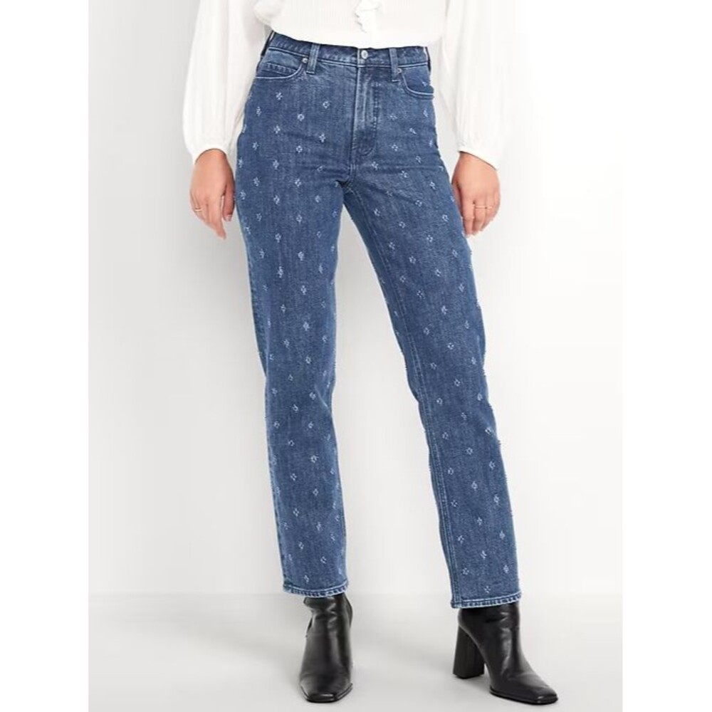 Old Navy Women's Straight Leg Blue Embroidered Jeans